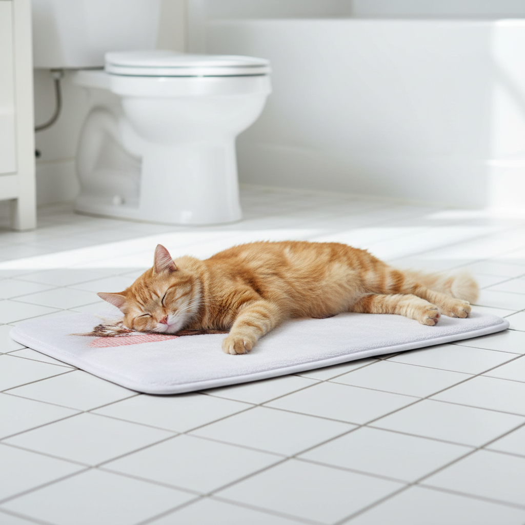 Liegematte Nani Katze auf Badezimmerfliesen