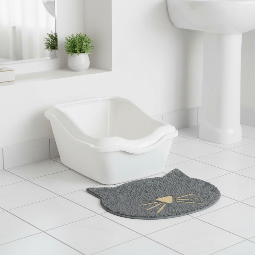 Katzentoilette mit grauer Katzenmatte im Badezimmer