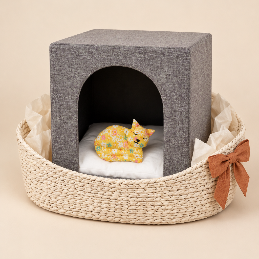 Geschenk-Motiv mit Ruhebox Ella und Baldrian-Stoffkatze Susi; Korb und Dekoration nicht enthalten