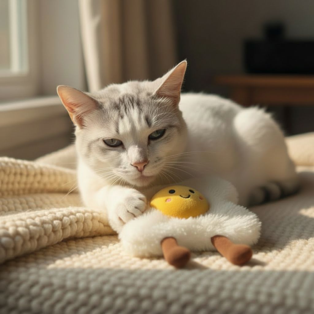 Spiegelei Spielzeug Lifestyle mit älterer Katze