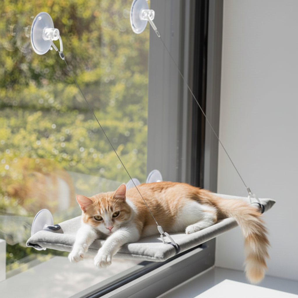 Fenster-Hängematte Grau mit Katze