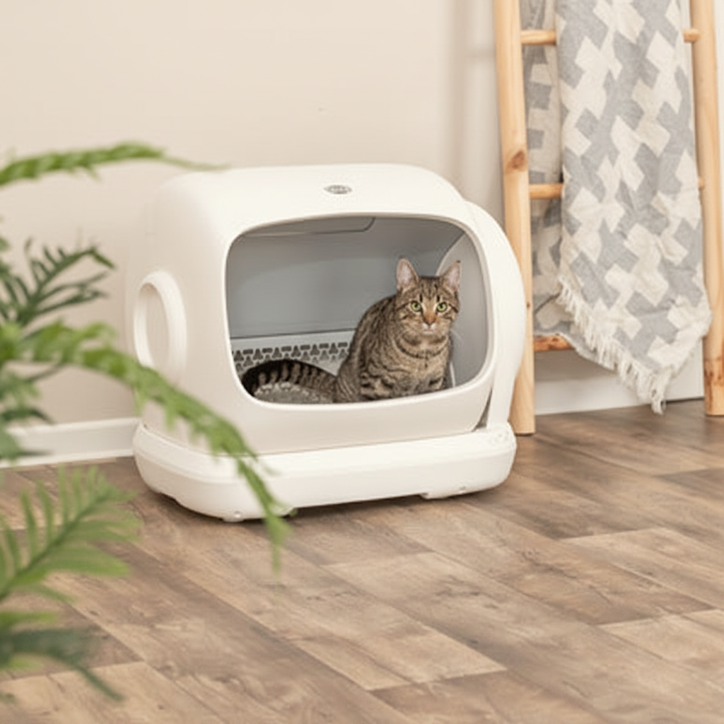 Selbstreinigende Katzentoilette mit Katze